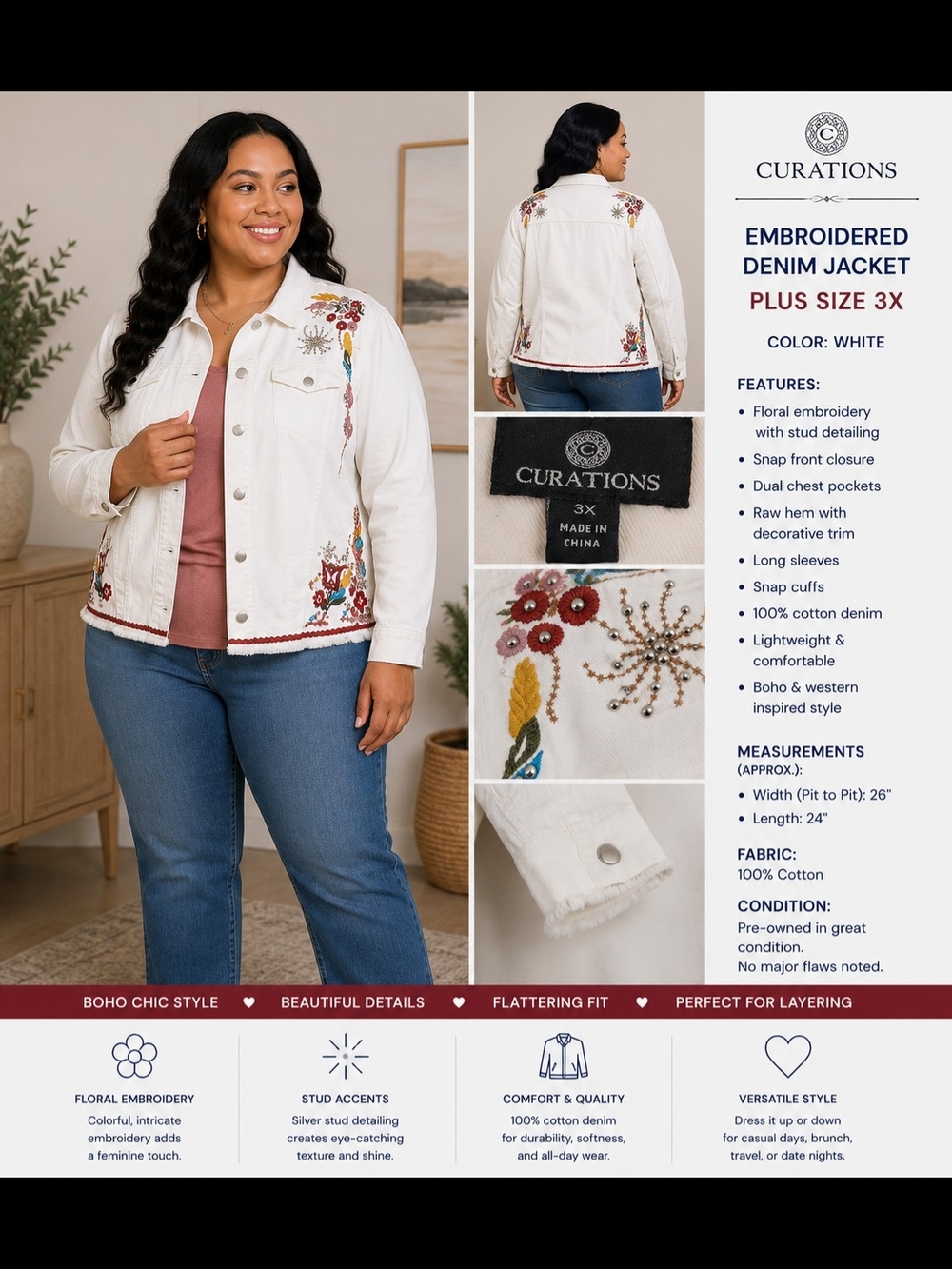 Curations White Embroidered Denim Jacket - Plus Size 3X